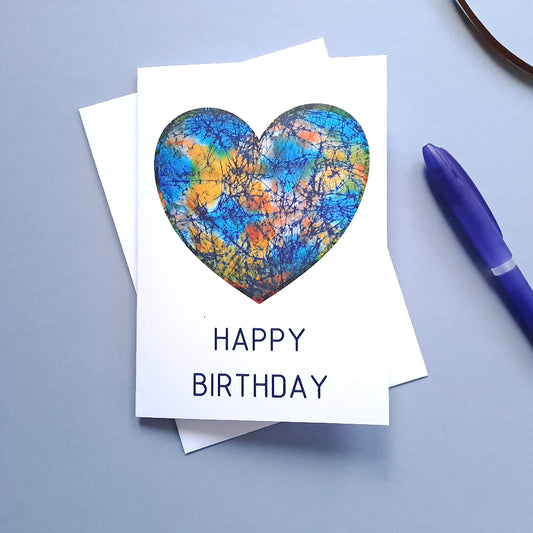 Happy Birthday Card, Afro Heart Birthday Card, Blue and Green, A6