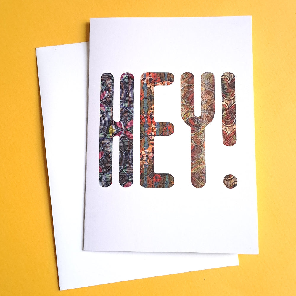 greeting card with the word 'Hey' printed