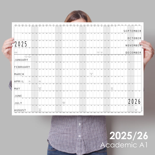 Academic Wall planner 2025 to 2026, A0 and A1, Monochrome