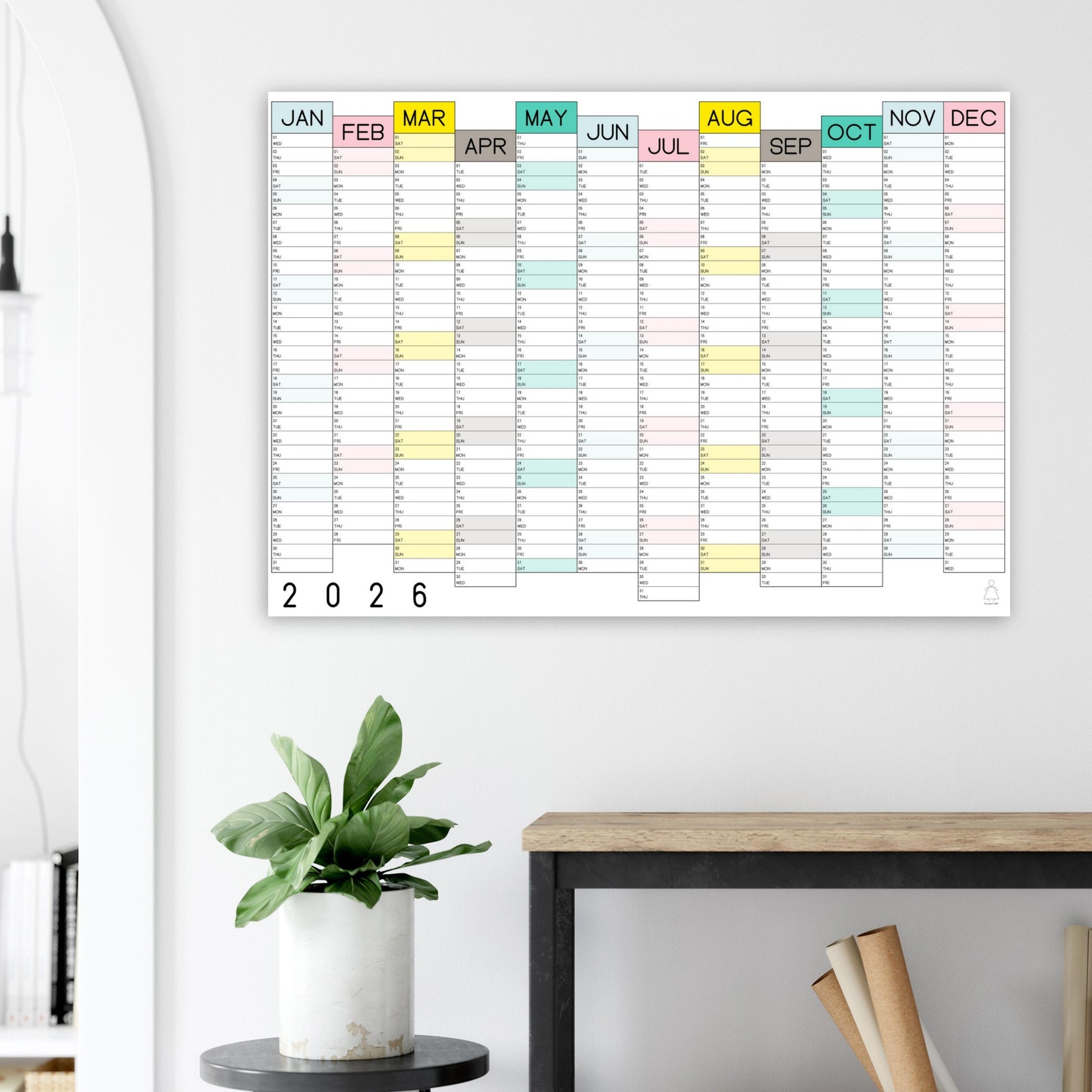 colourful large wall calendar above table