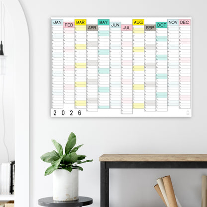 colourful large wall calendar above table