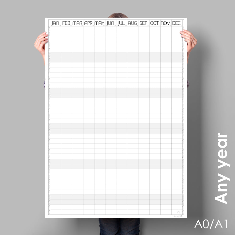 Monochrome Vertical Wall Planner, Perpetual Calendar, A0 & A1