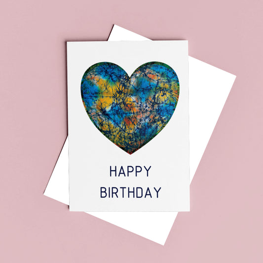 Happy Birthday Card, Afro Heart Birthday Card, Blue and Green, A6