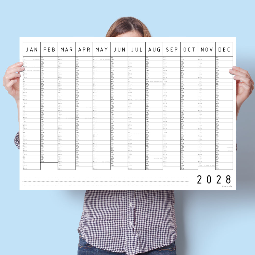2028 Monochrome Wall Planner, One Year View, A1 & A2