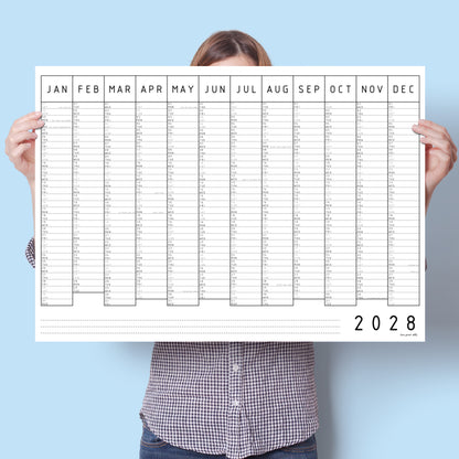 2028 Monochrome Wall Planner, One Year View, A1 & A2