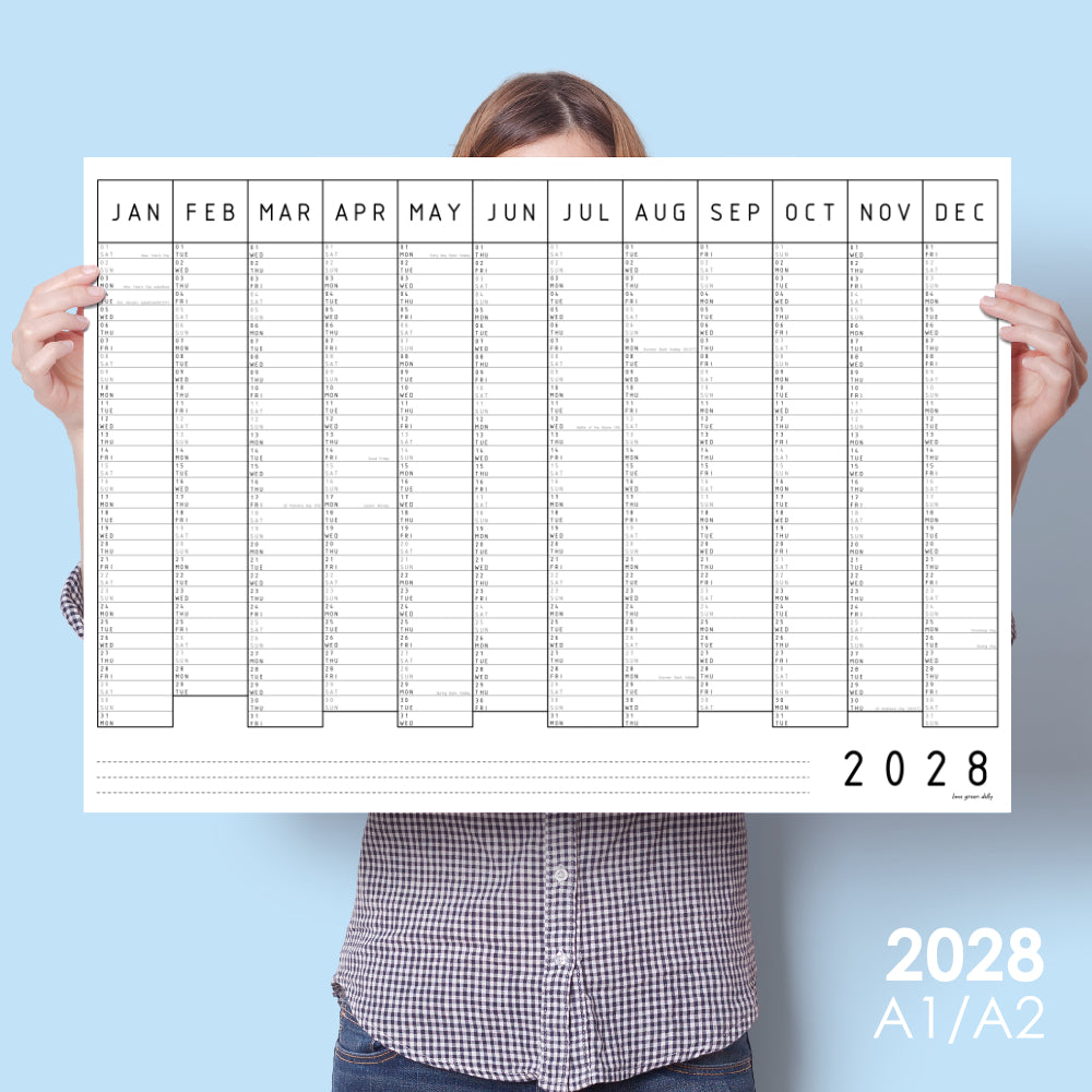 2028 Monochrome Wall Planner, One Year View, A1 & A2