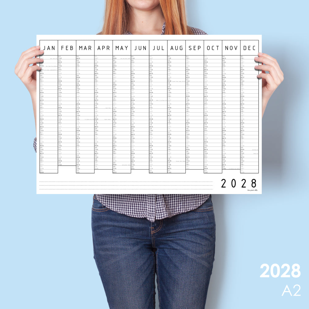 2028 Monochrome Wall Planner, One Year View, A1 & A2