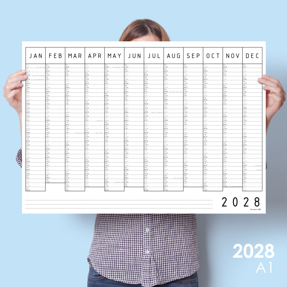 2028 Monochrome Wall Planner, One Year View, A1 & A2