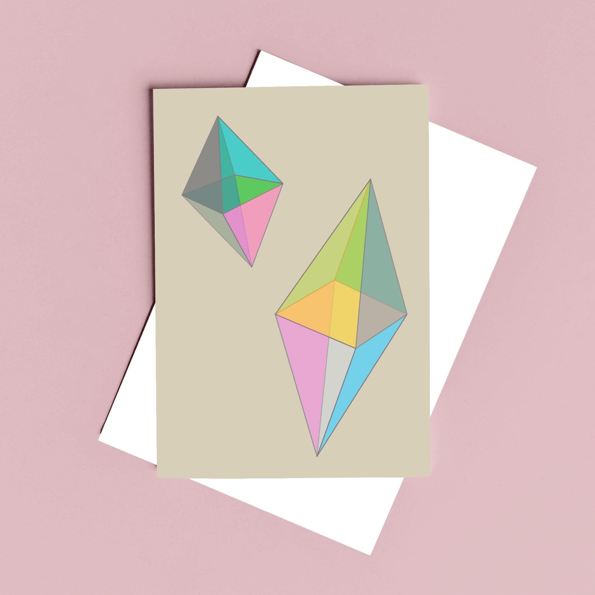 pastel greeting card with geometric shapes against a pink background